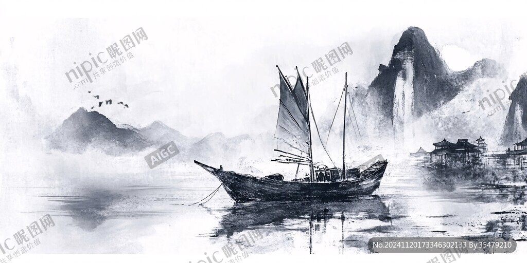 水墨船墨痕飞鸟