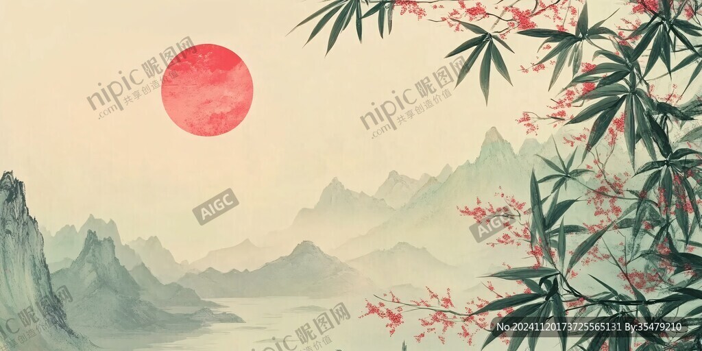红日水墨山水