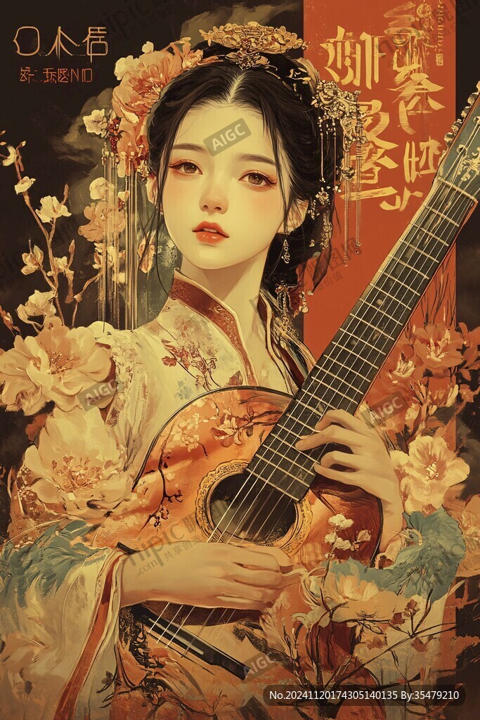 演奏箜篌古风人物插画
