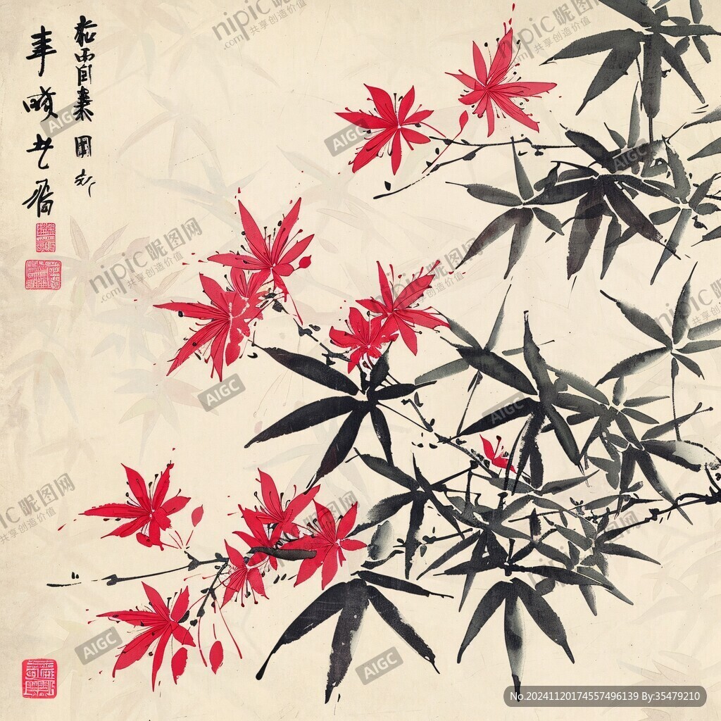 手绘工笔红叶