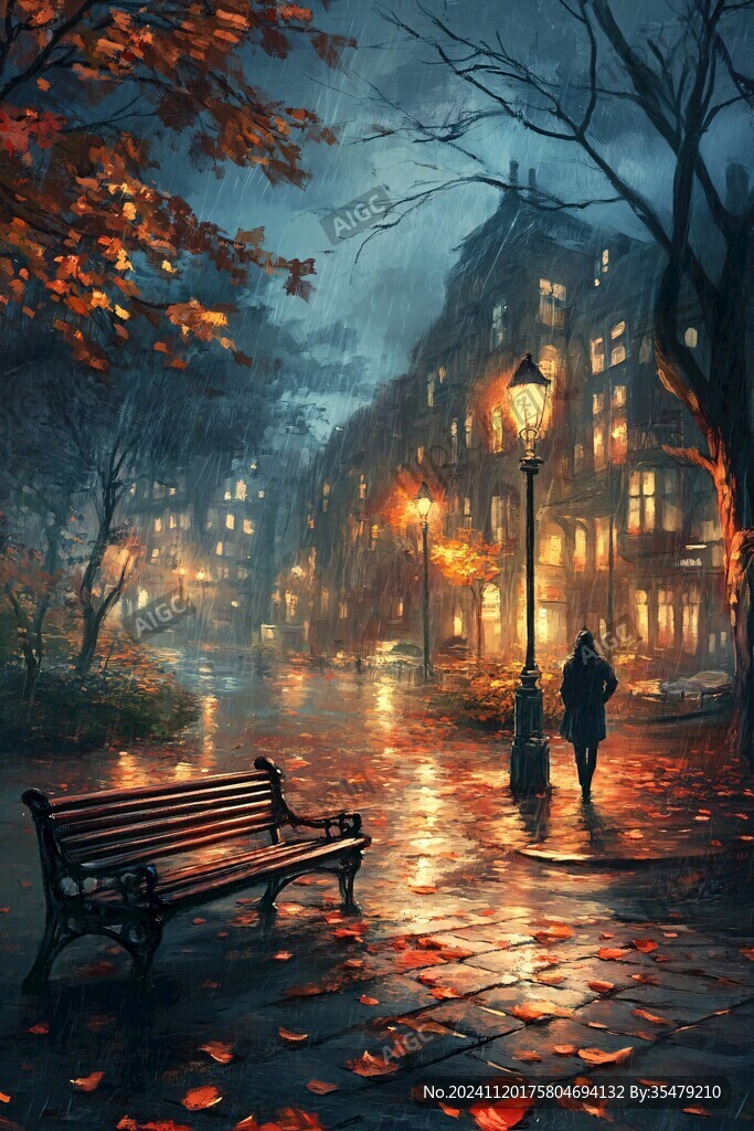 秋雨街道落叶
