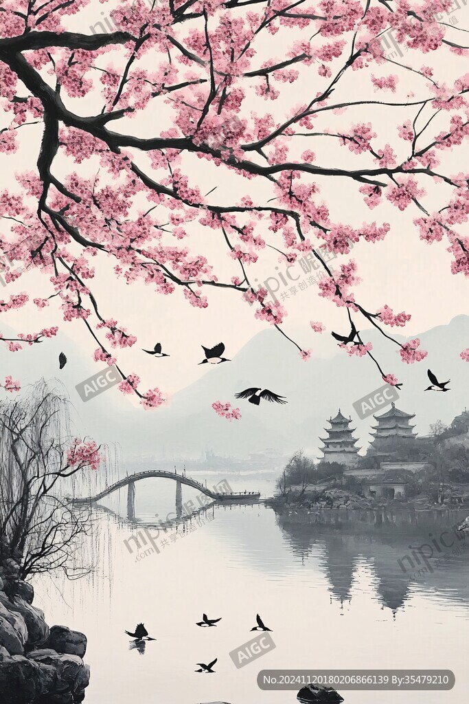 水墨桃花禅意山水