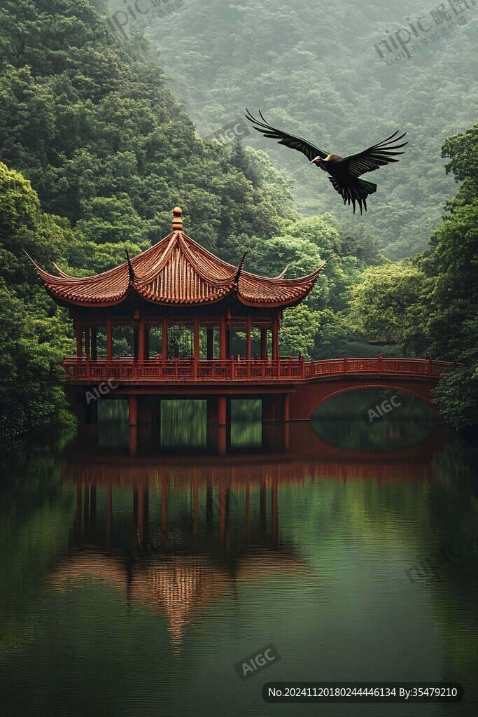 亭台楼阁绿色背景