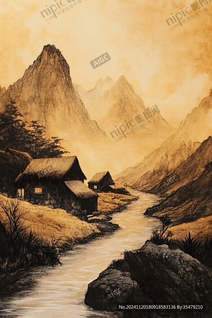 金色山水油画