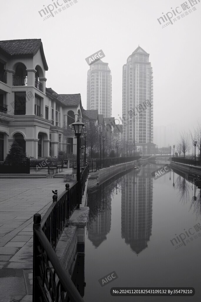 楼房映湖