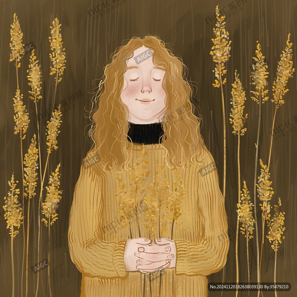 女孩捧花微笑插画