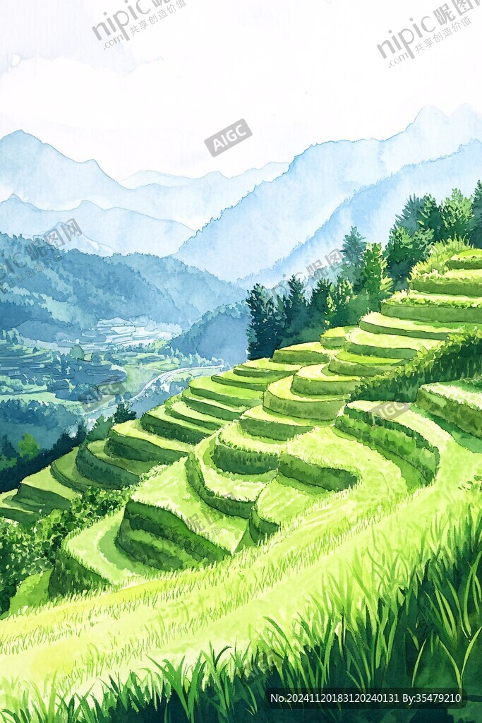 水稻梯田插画
