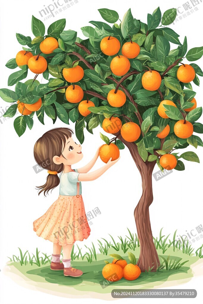 摘柑果手绘插画