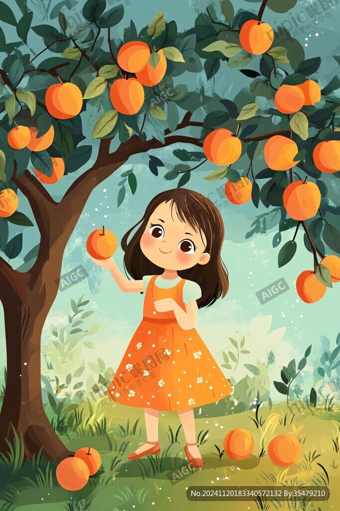 小女孩摘苹果插画