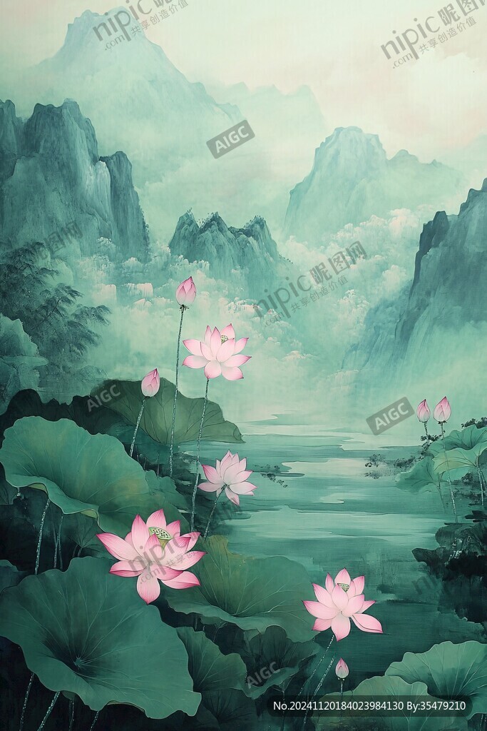 荷花装饰山水画