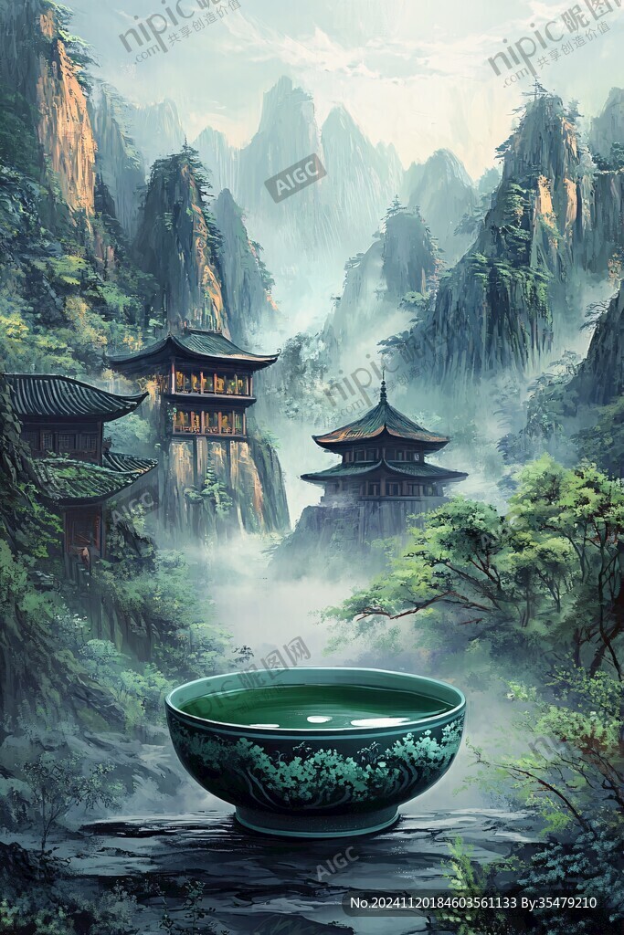 茶楼无框画意境庙宇