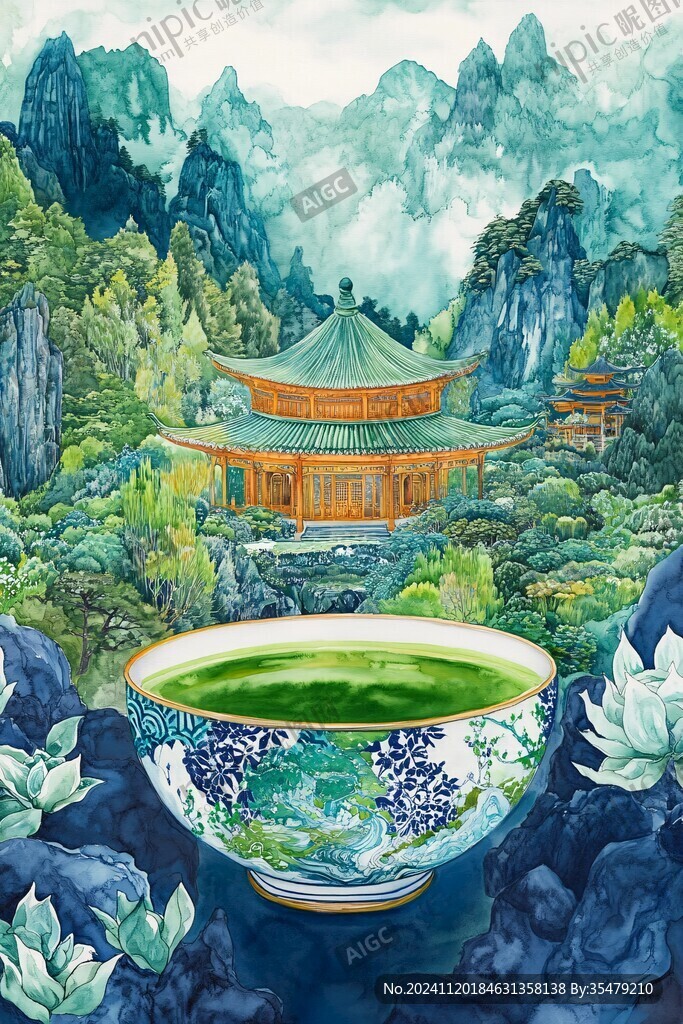 山水画茶树茶杯茶园