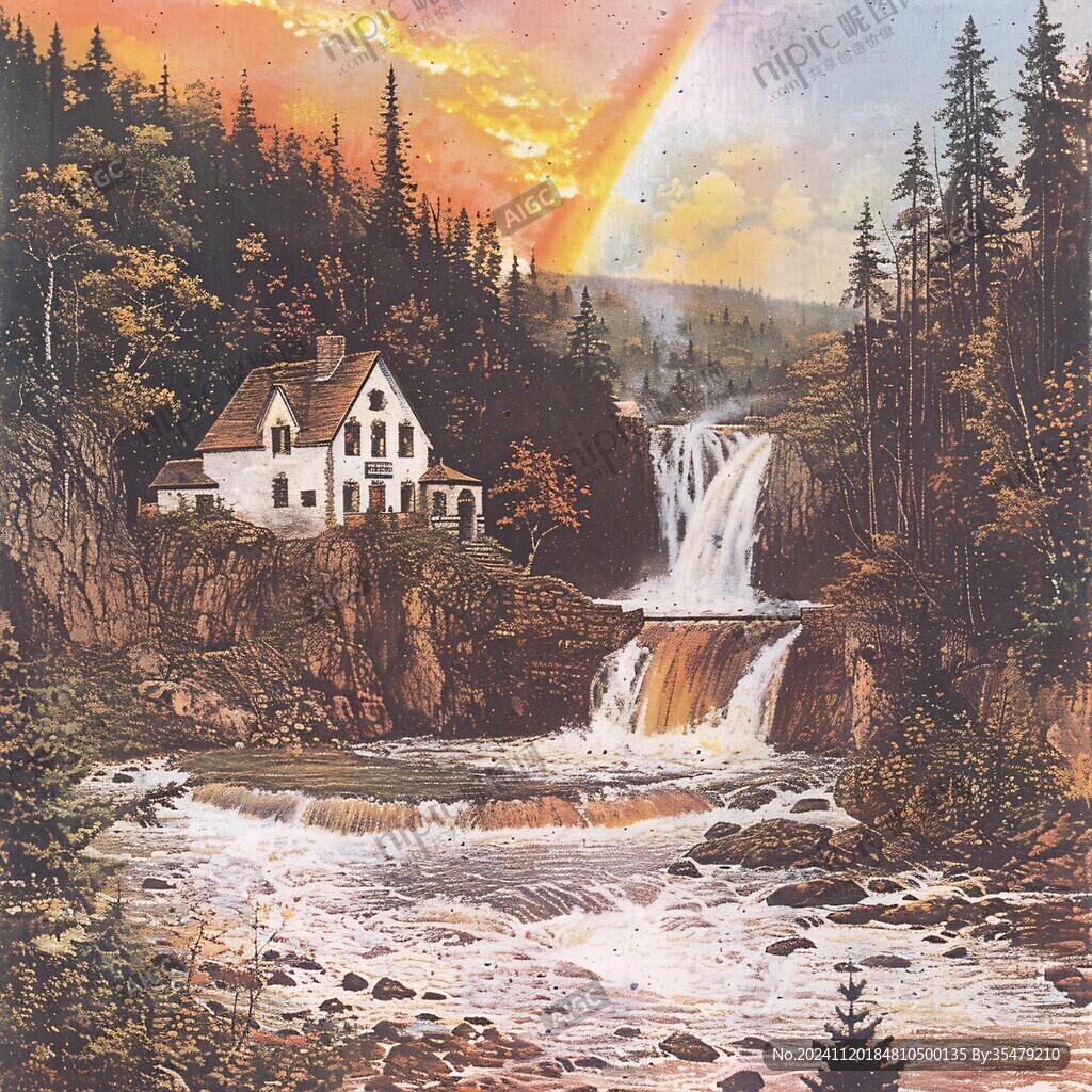 瀑布山景画