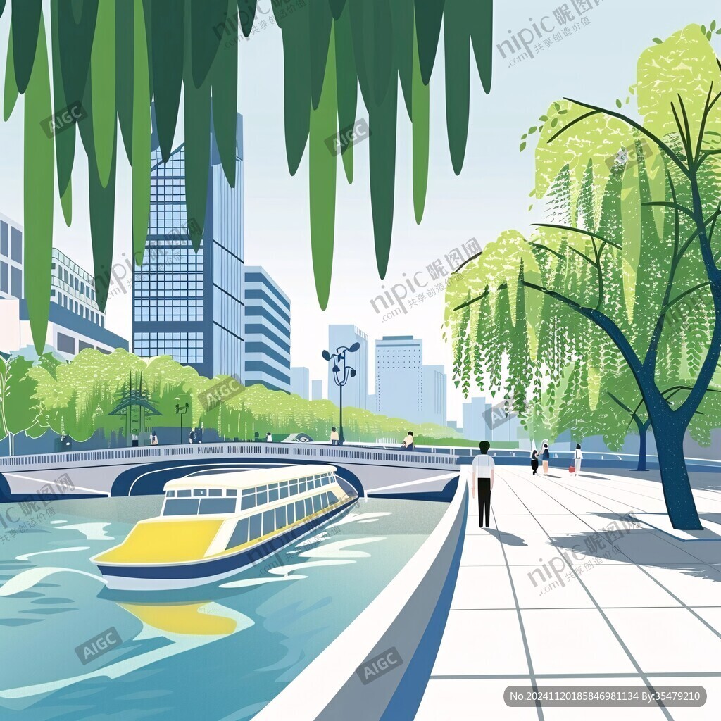 都市河边春景