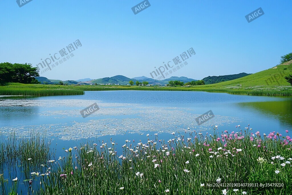 湖畔花田