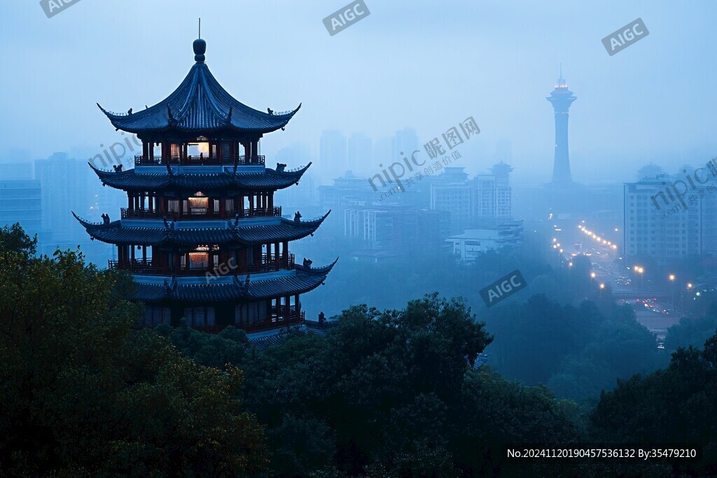 雾中的黄鹤楼