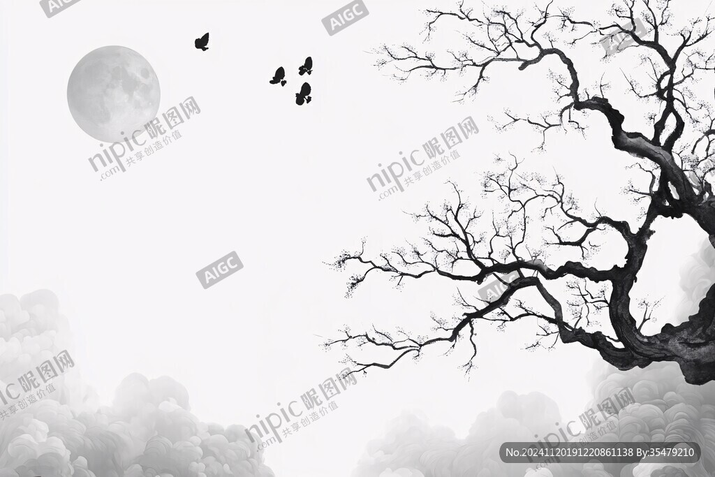 意境山景水墨树枝