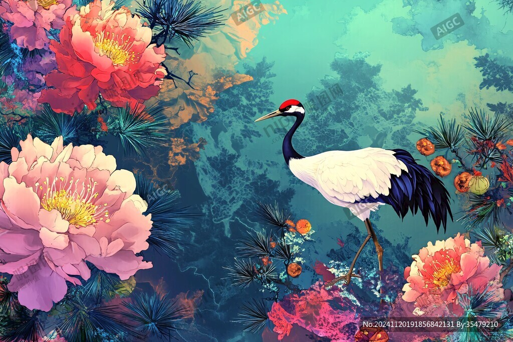 牡丹花仙鹤