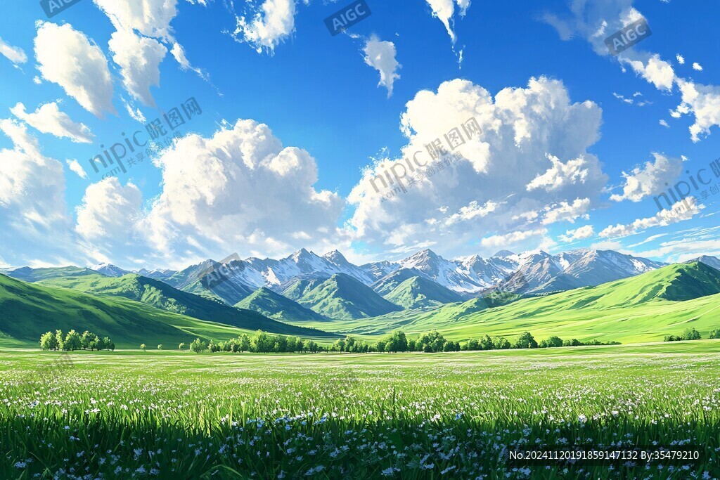 蓝天白云山脉草地背景