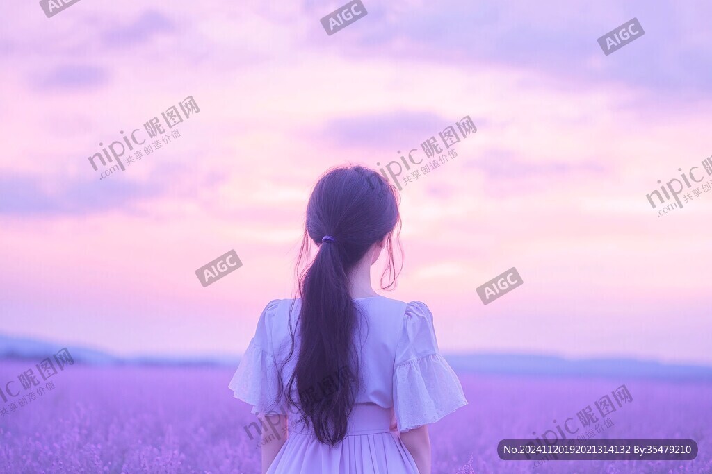 紫色花海里的少女