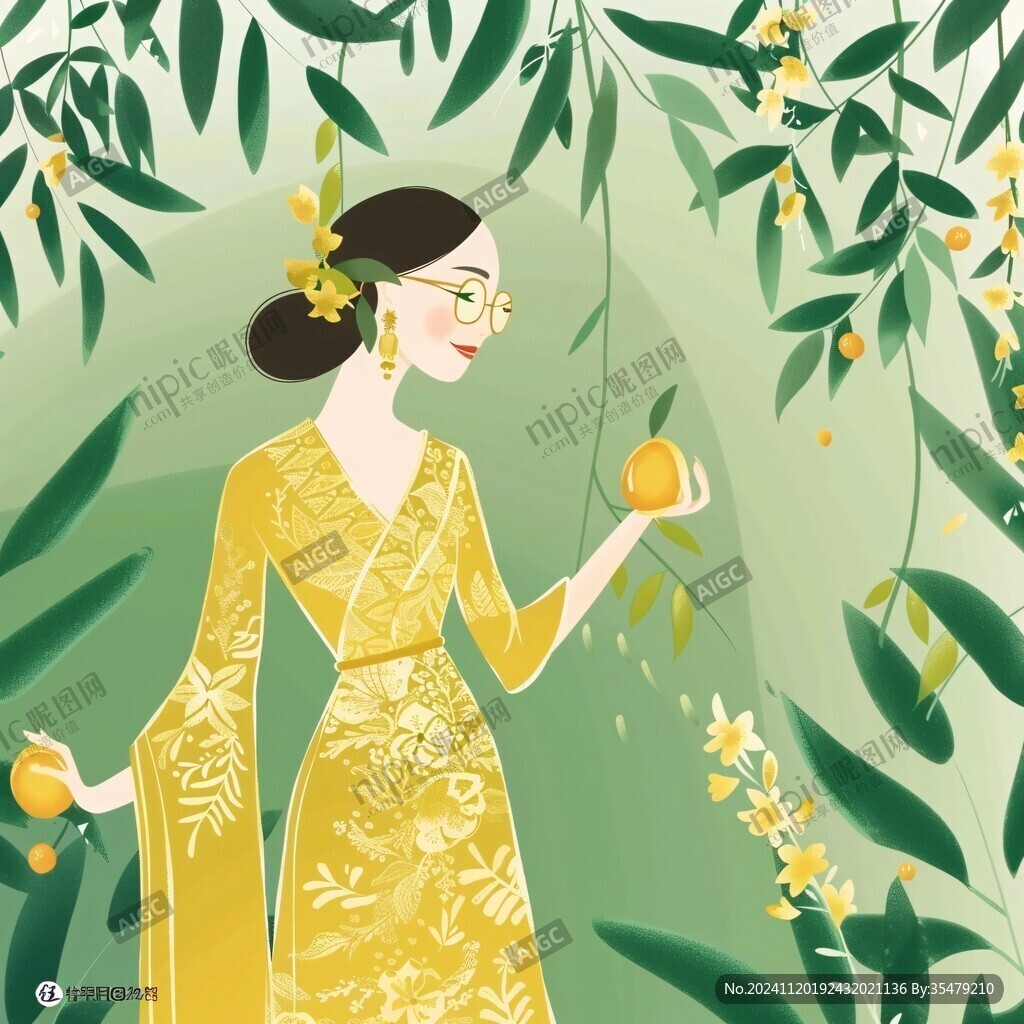 手拿桂花女孩插画