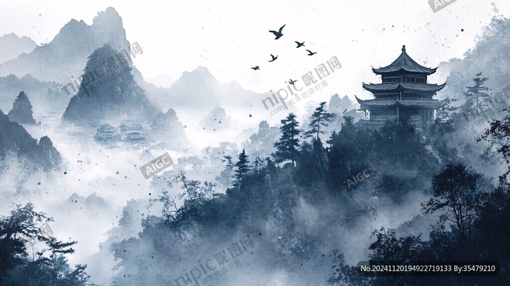 楼阁山水意境画
