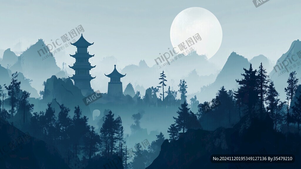 虎溪夜月景点插画