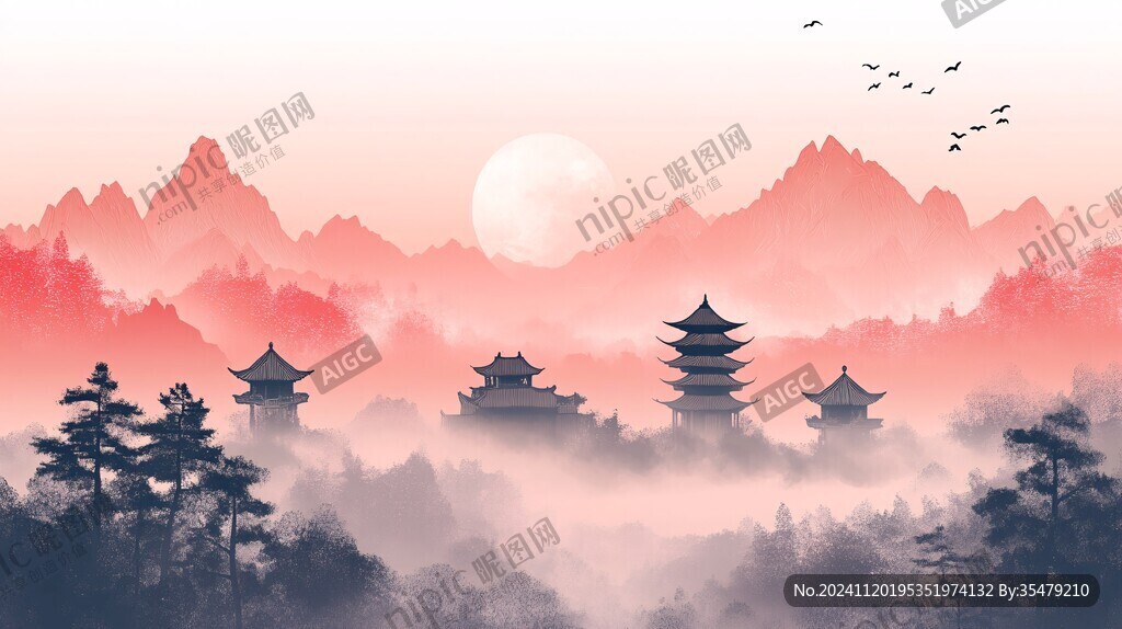 仙鹤楼阁古风山水画
