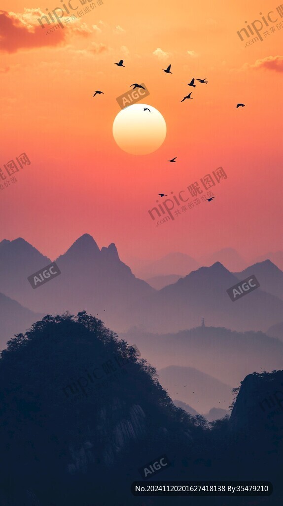 日出飞鸟太阳红日群山