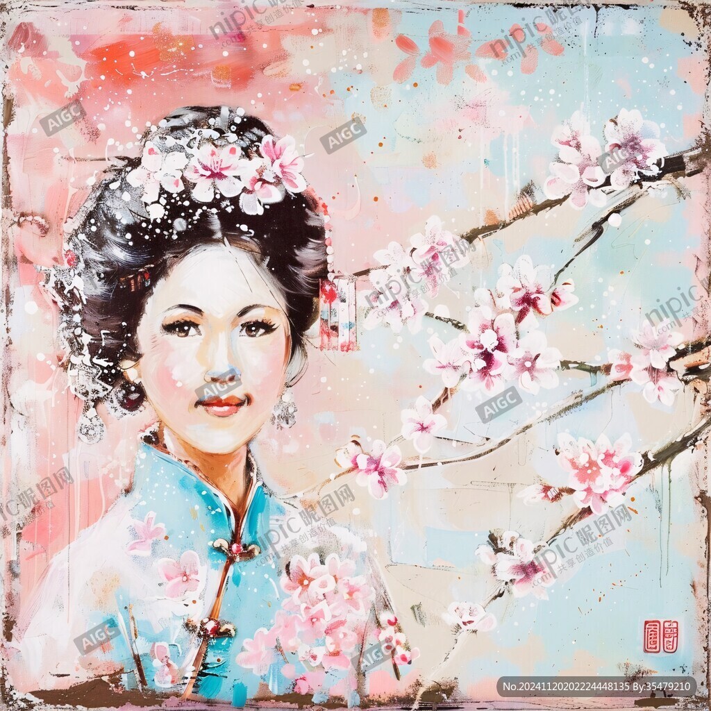 桃花美女仕女图