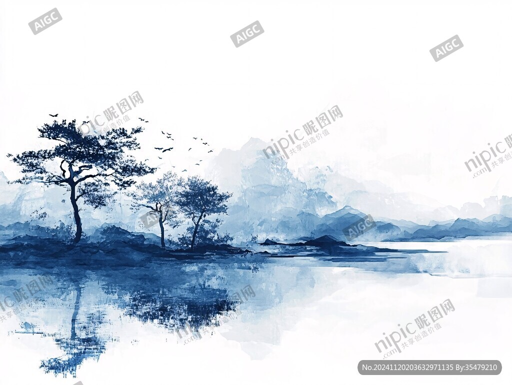 山水风光禅意水彩画
