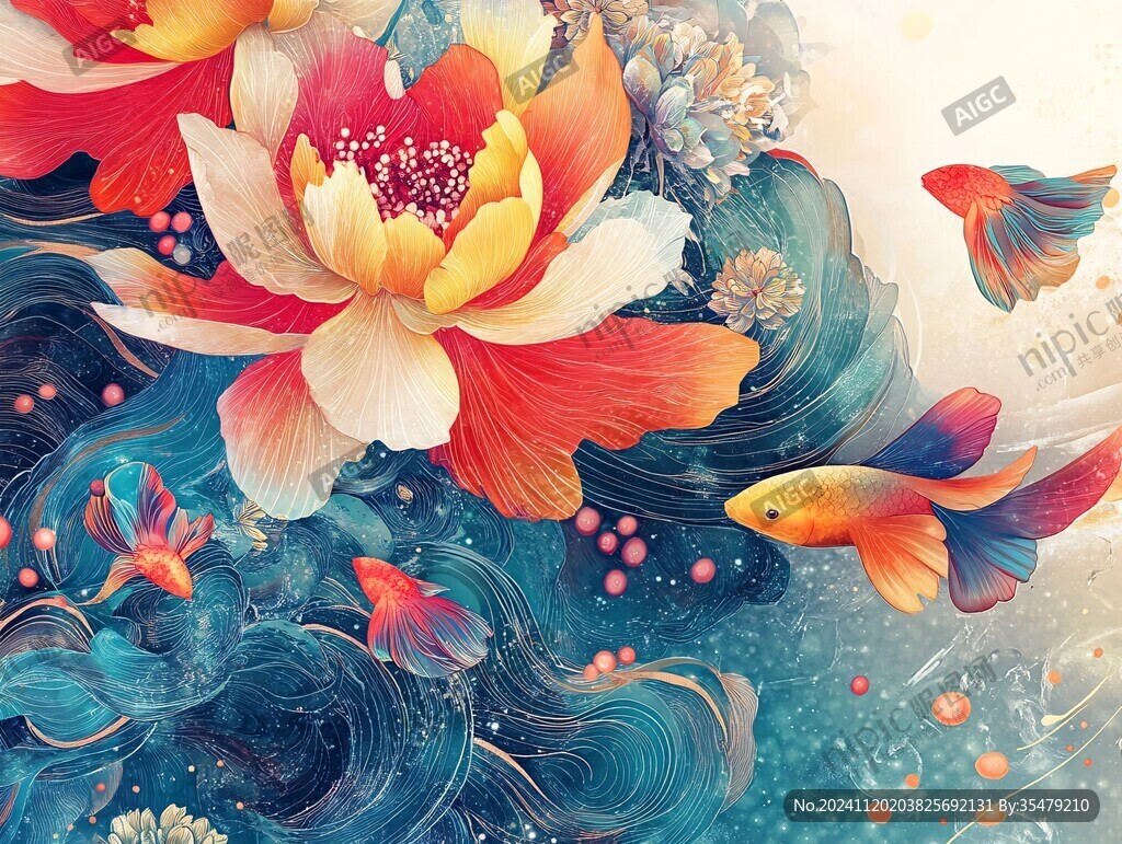荷花锦鲤插画