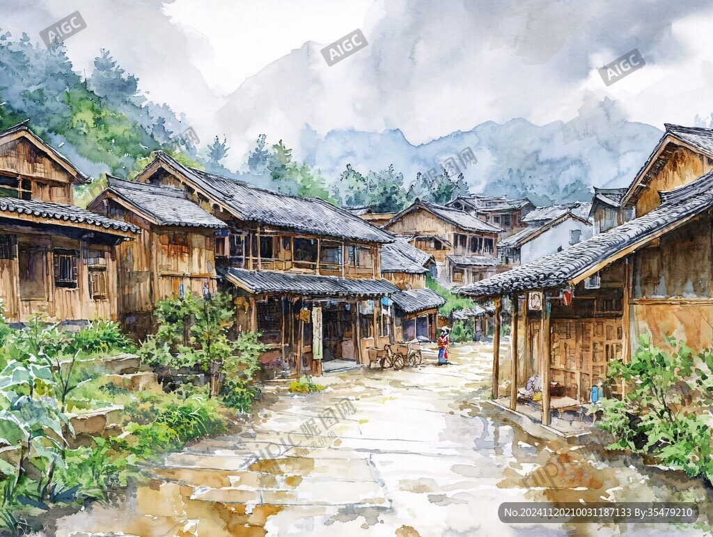 水彩土家族建筑