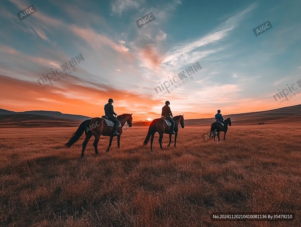 内蒙草原马夕阳