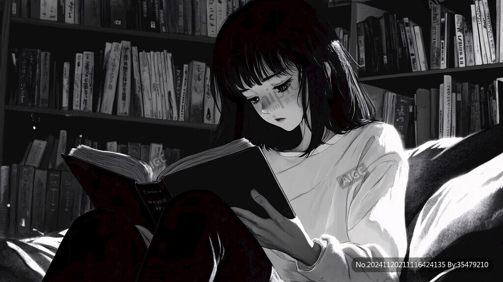 投入看书的女孩