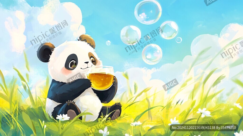 手绘喝啤酒的熊猫