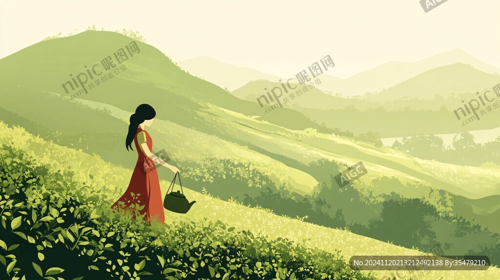 手绘茶园插画女孩
