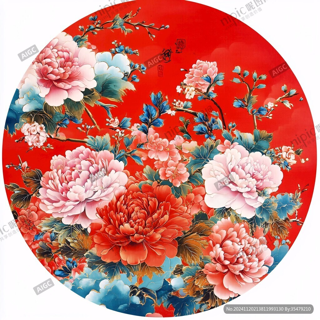 圆形牡丹花鸟挂画