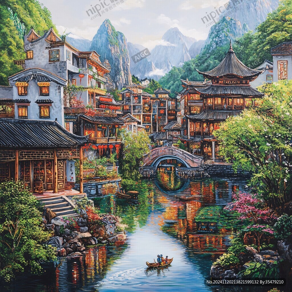 中式建筑风景油画