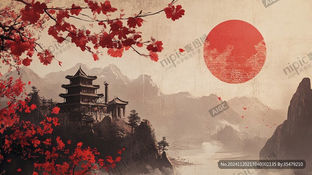 旭日东升楼阁山水画