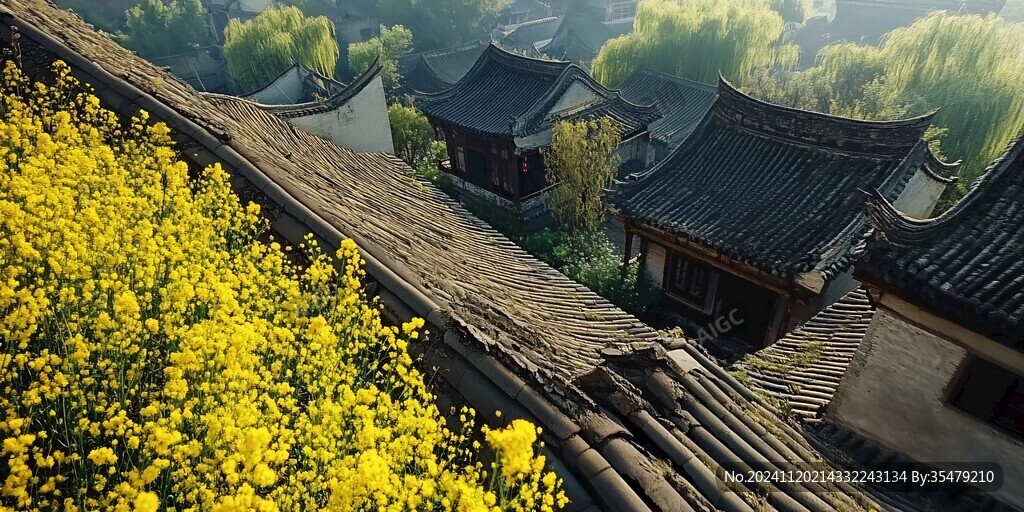 仿古建筑与油菜花