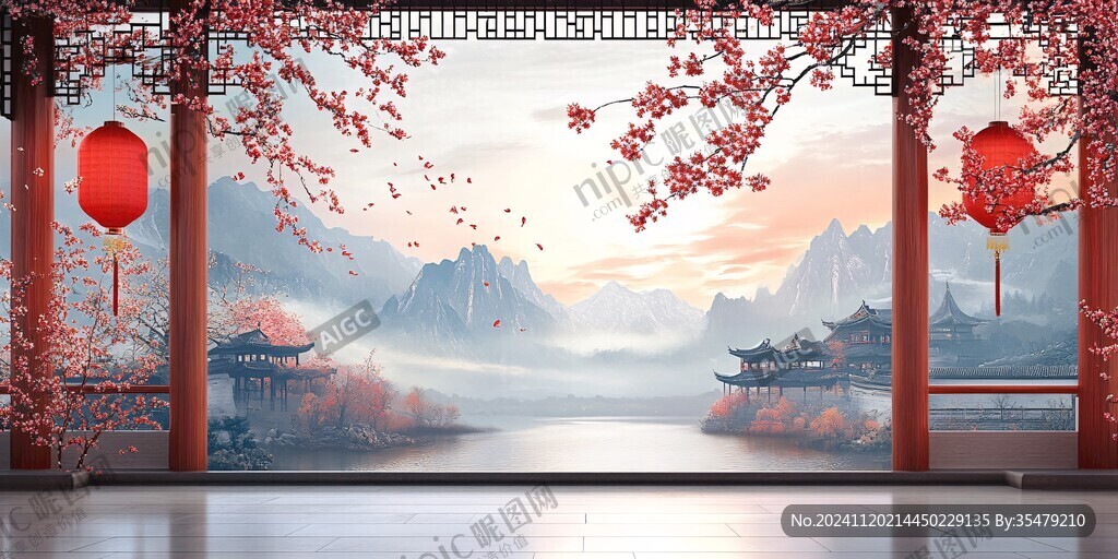 横店地标建筑山水画