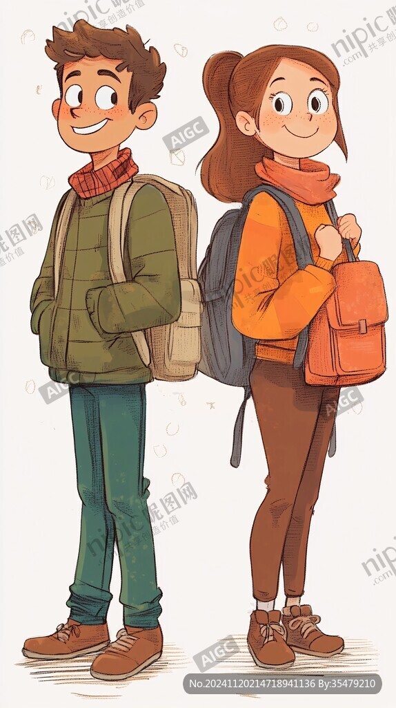 背着书包的男孩女孩