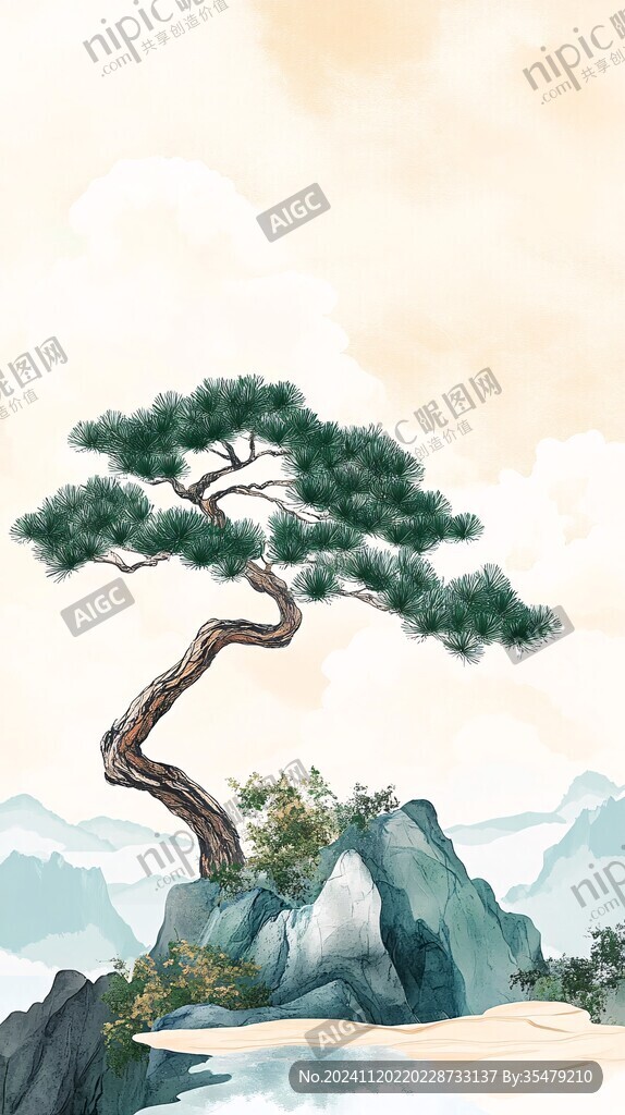 古风迎客松插画