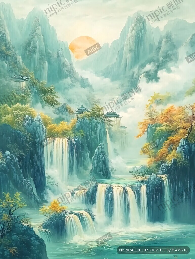 山水风景油画瀑布