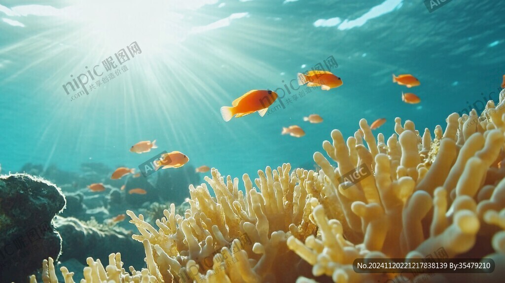 高清珊瑚礁前鱼群游动