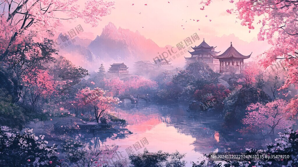 桃花源记古风山水插画