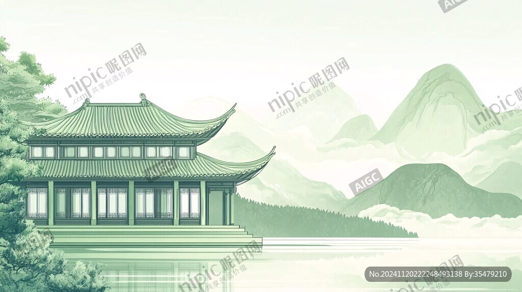 亭台楼阁绿色背景