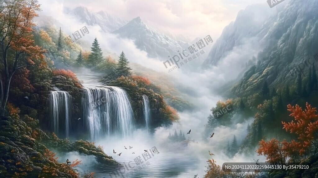 山水风景油画瀑布