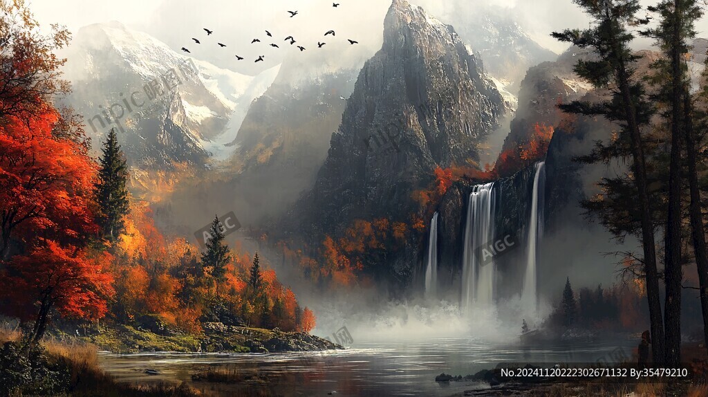 山水风景油画瀑布